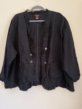 Multiples Jacket 100% Linen Black Ruffle Hem Enamel Buttons Plus Size 3X cropped